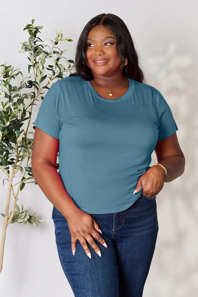 Soft stretch rayon short sleeve top – 95% rayon, crew neck