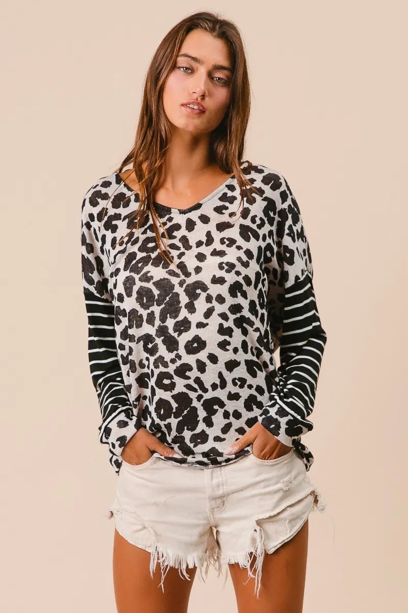 Casual Leopard Print T-Shirt With Striped Sleeves – Cotton