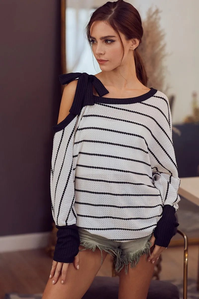 One-Shoulder Waffle Textured Ribbon Top for Everyday Style