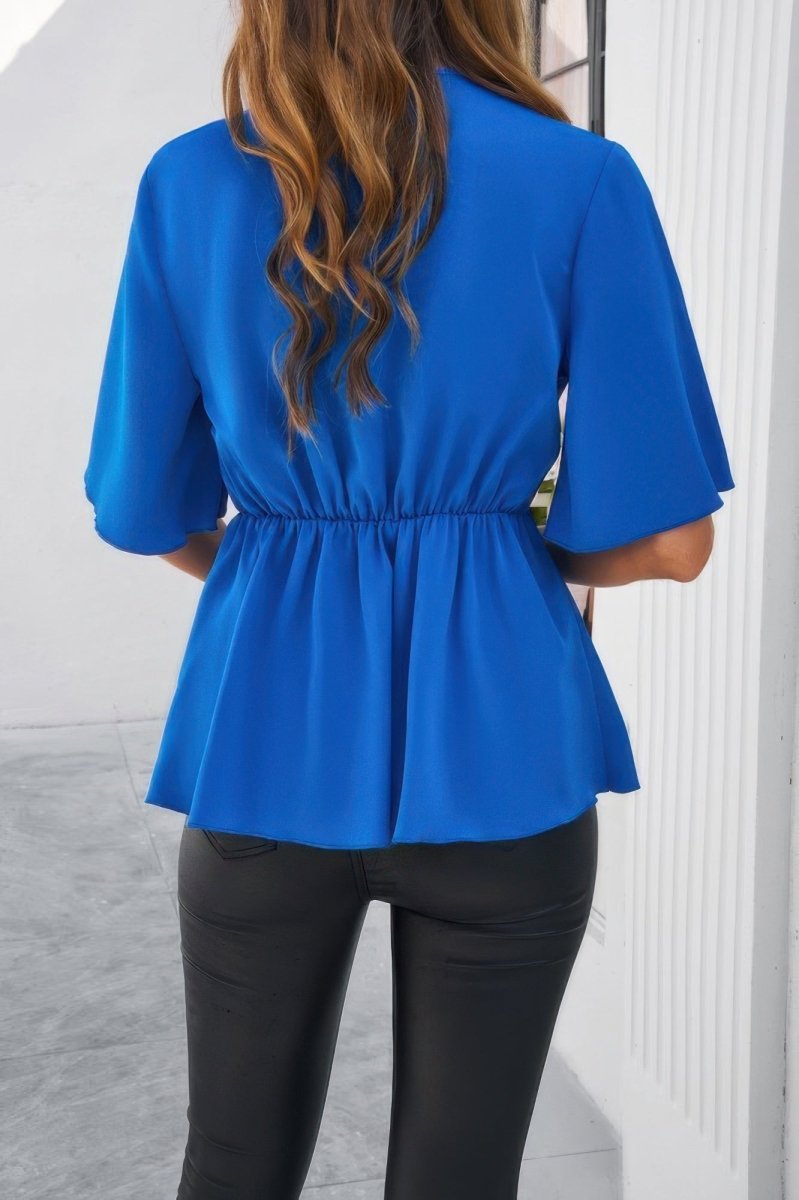 Blouse V-Neck Peplum Tie Front Short Bell Sleeve Shirt