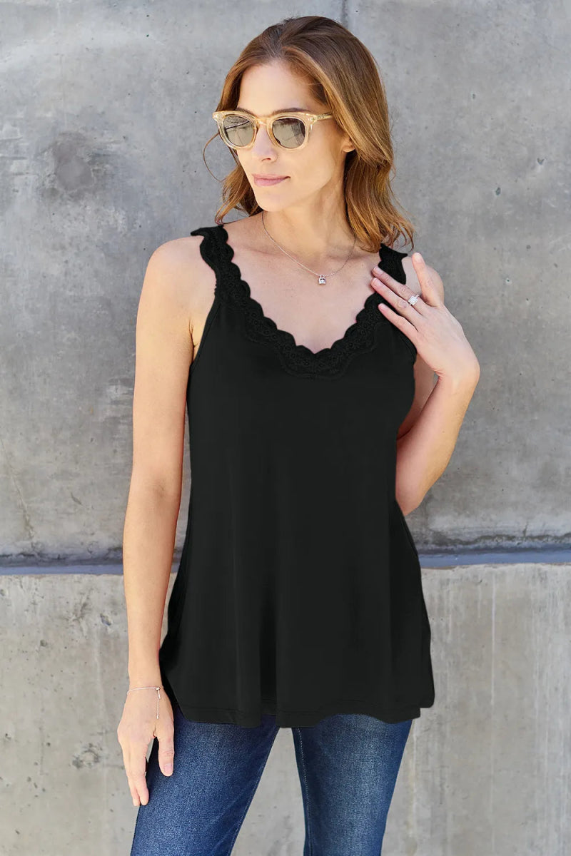 V-Neck Lace Trim Tank Top For Layered Everyday Wear
