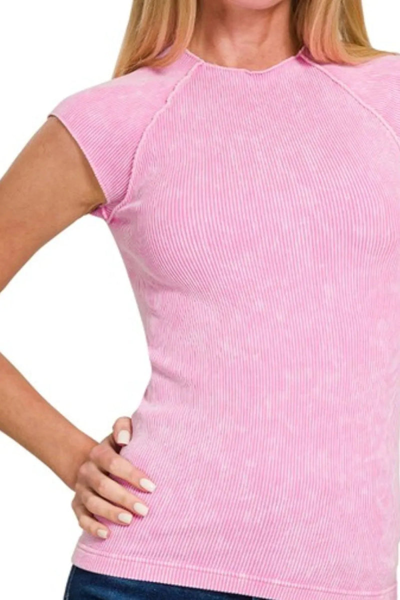 Ribbed Sleeveless Top Crew Neck Casual Acid Wash Fit