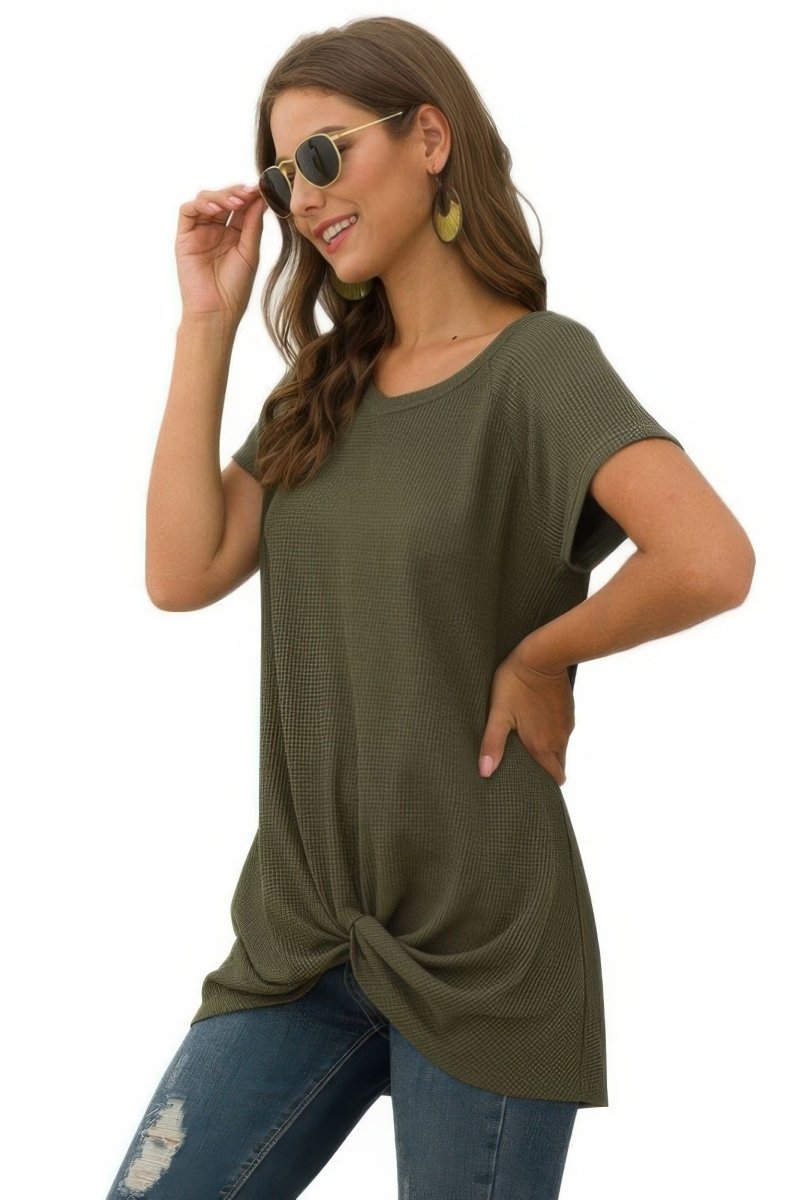 T-Shirt Waffle‑Knit Short‑Sleeve Top