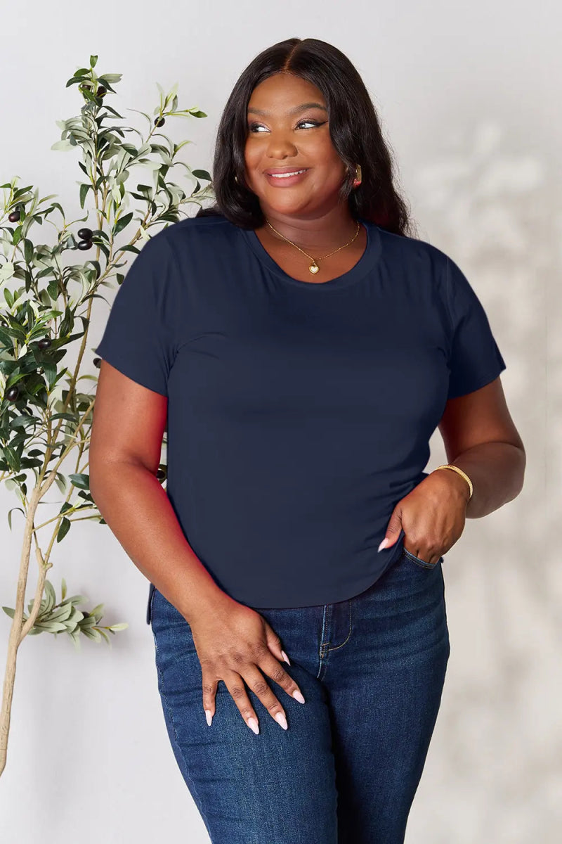 Soft stretch rayon short sleeve top – 95% rayon, crew neck