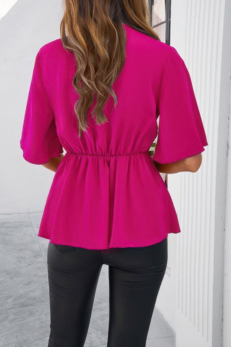 Blouse V-Neck Peplum Tie Front Short Bell Sleeve Shirt