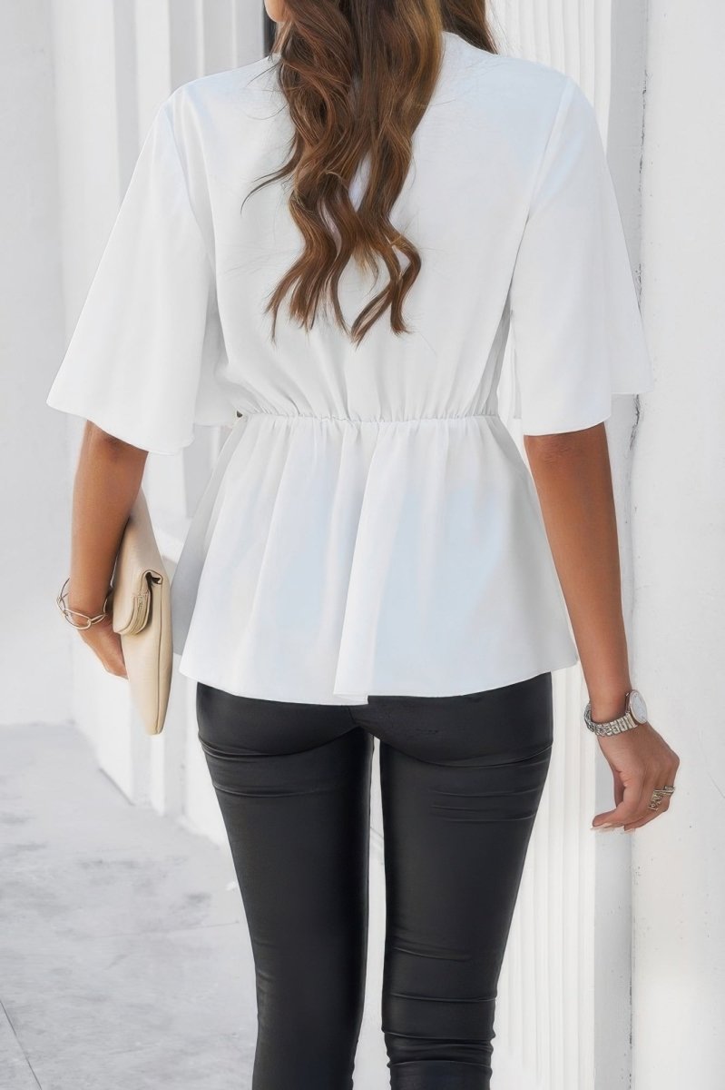 Blouse V-Neck Peplum Tie Front Short Bell Sleeve Shirt