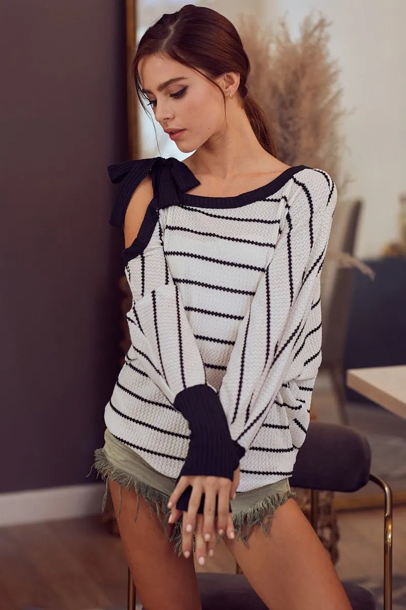 One-Shoulder Waffle Textured Ribbon Top for Everyday Style