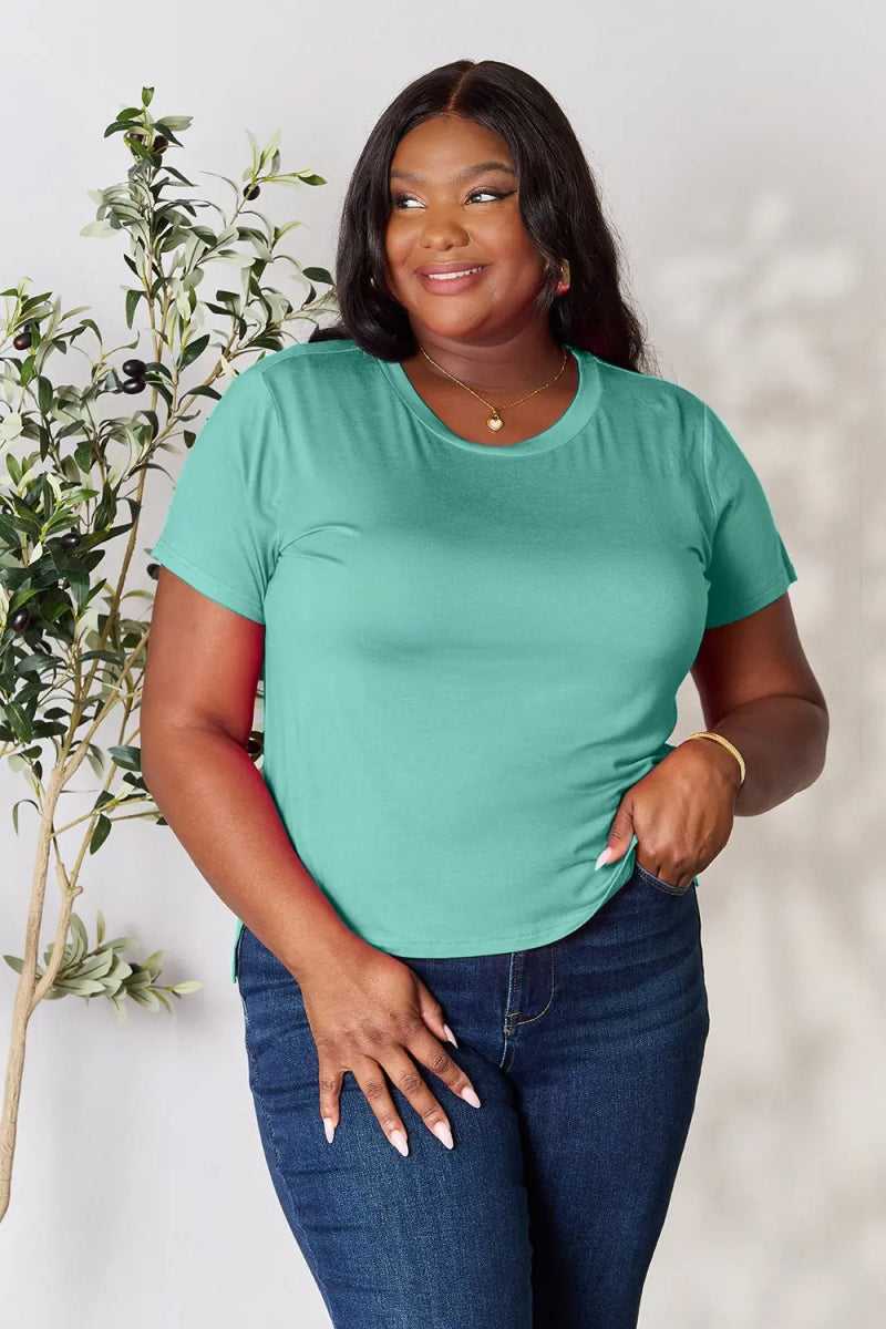 Soft stretch rayon short sleeve top – 95% rayon, crew neck