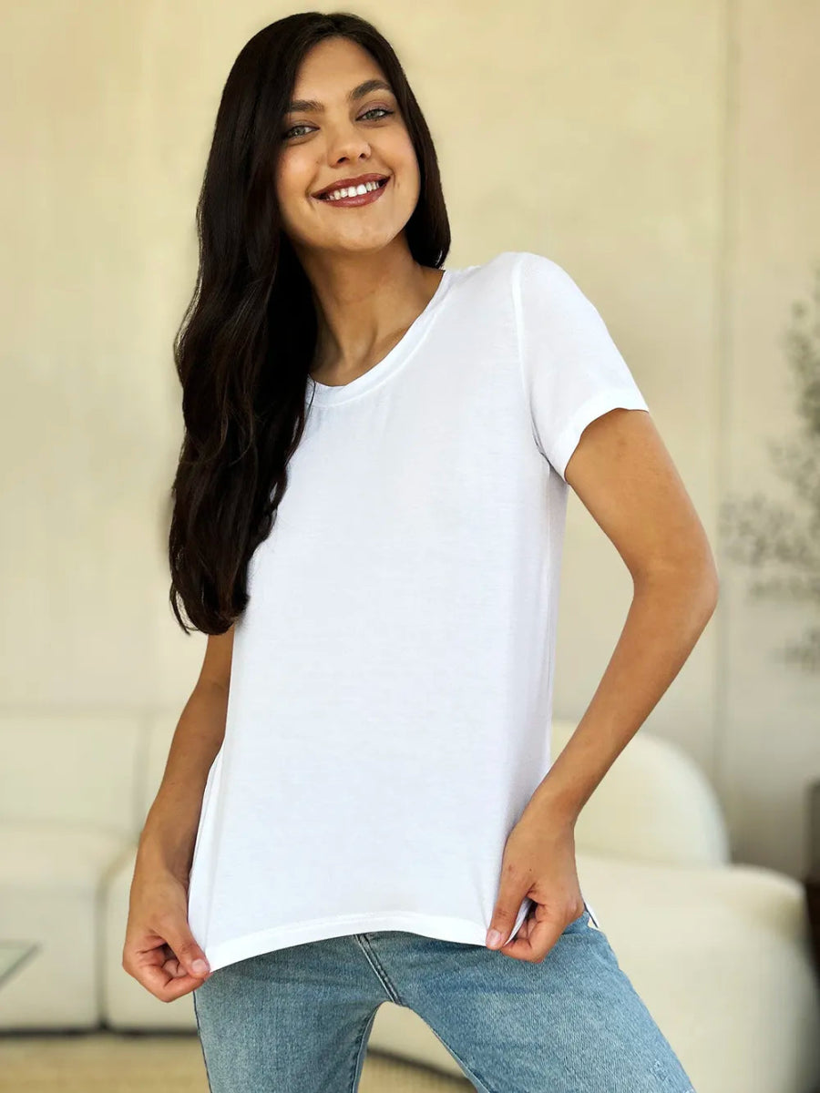 Short Sleeve Slit Hem Tunic Top for Office and Everyday Wear