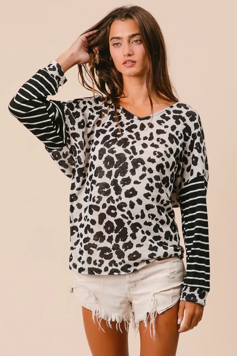 Casual Leopard Print T-Shirt With Striped Sleeves – Cotton
