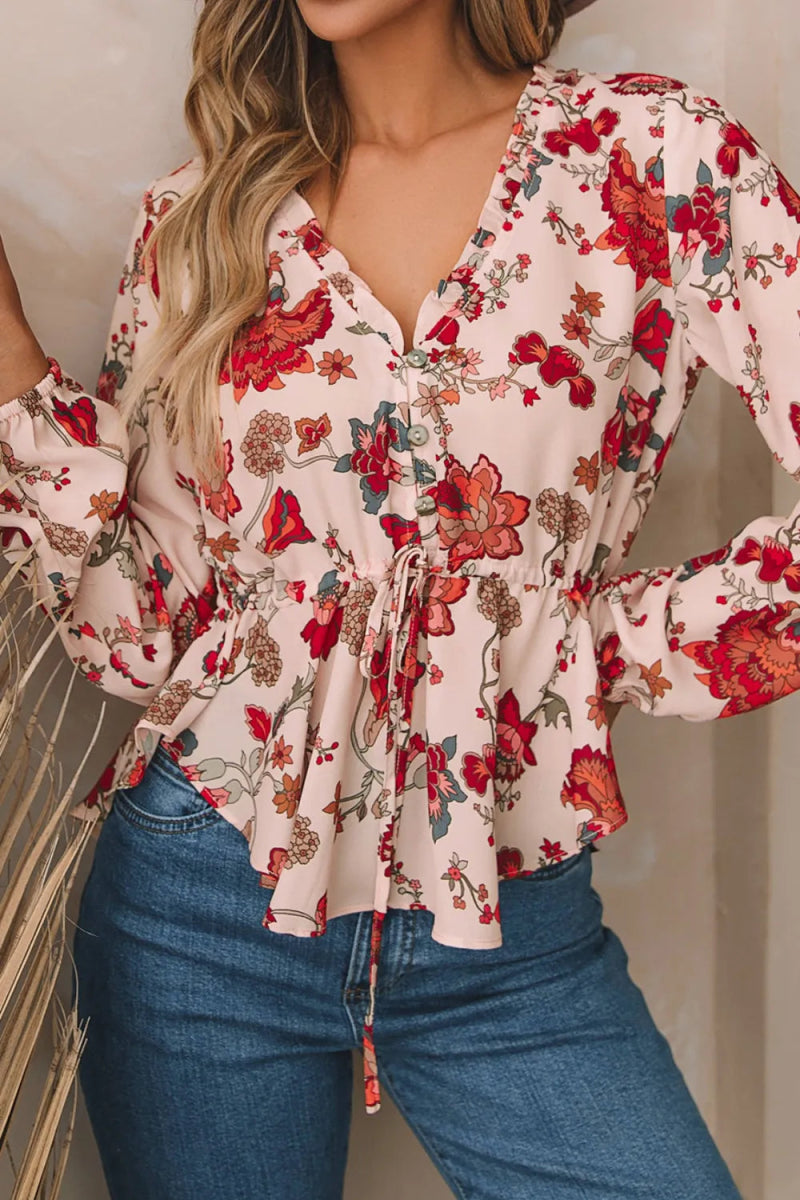 Floral Drawstring Peplum Blouse For Casual Wear