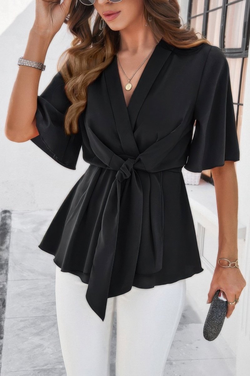 Blouse V-Neck Peplum Tie Front Short Bell Sleeve Shirt