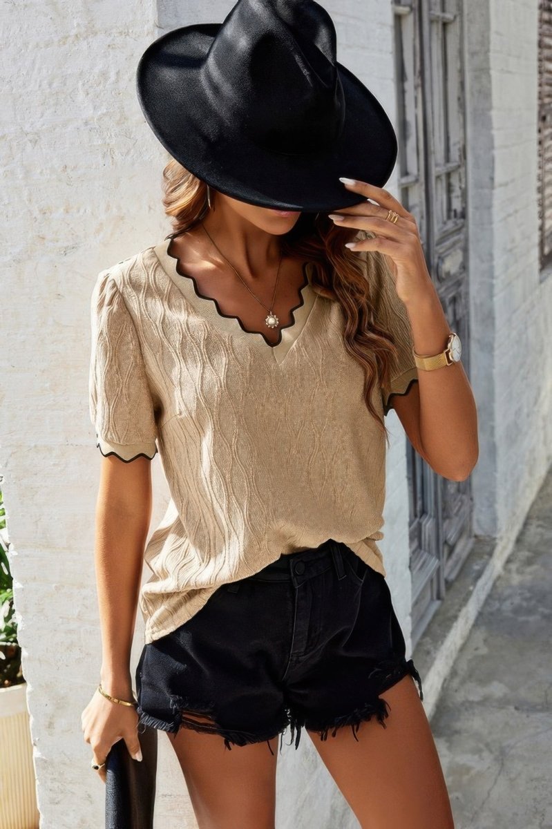 Top knit drop shoulder V neck lightweight casual blouse
