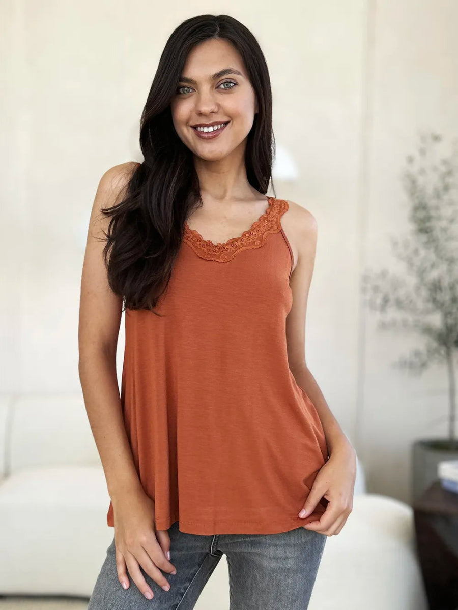 V-Neck Lace Trim Tank Top For Layered Everyday Wear