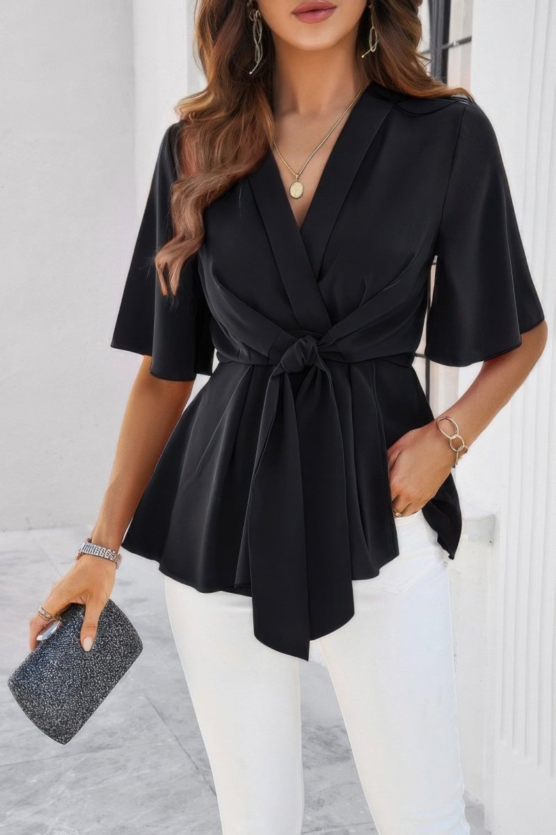Blouse V-Neck Peplum Tie Front Short Bell Sleeve Shirt