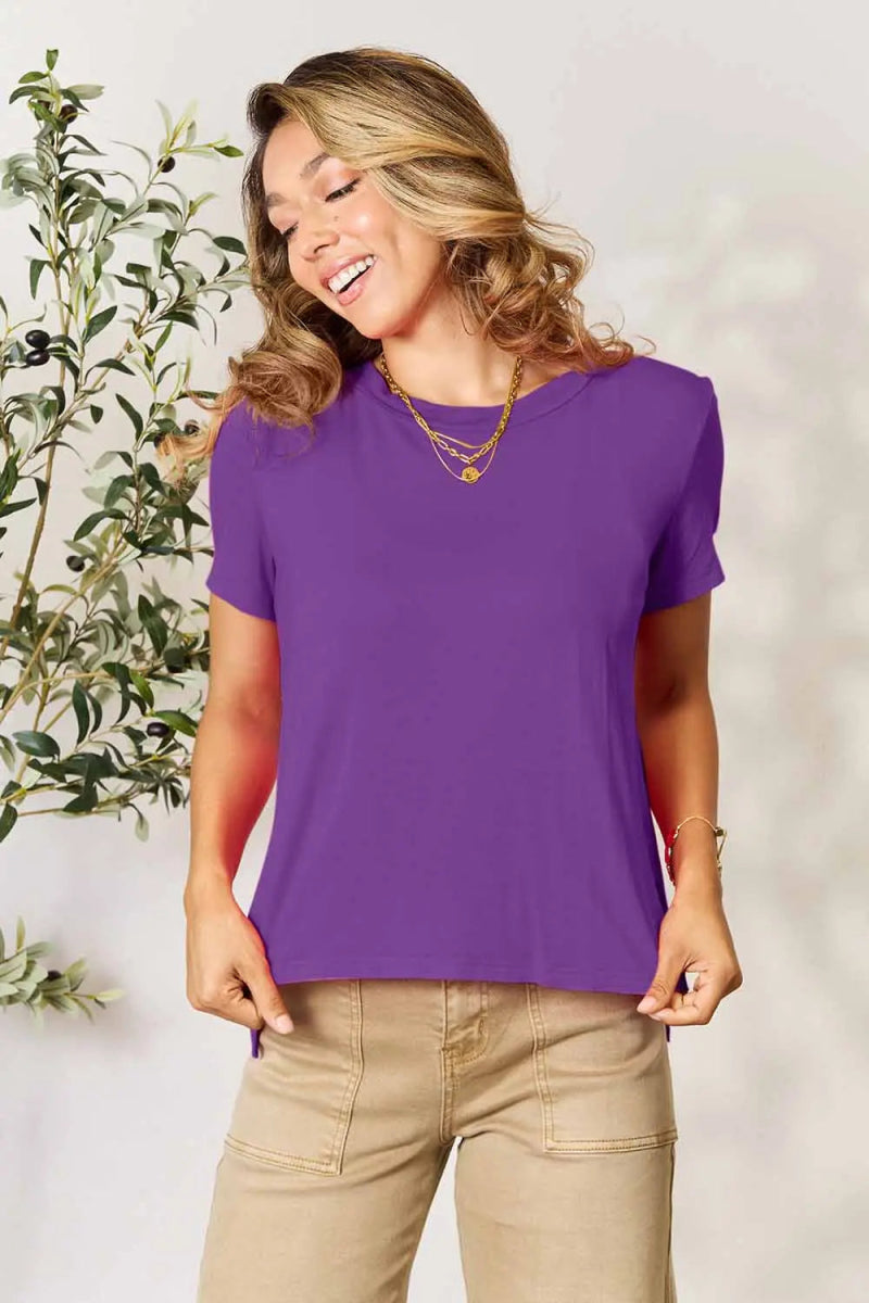 Short Sleeve Slit Hem Tunic Top for Office and Everyday Wear