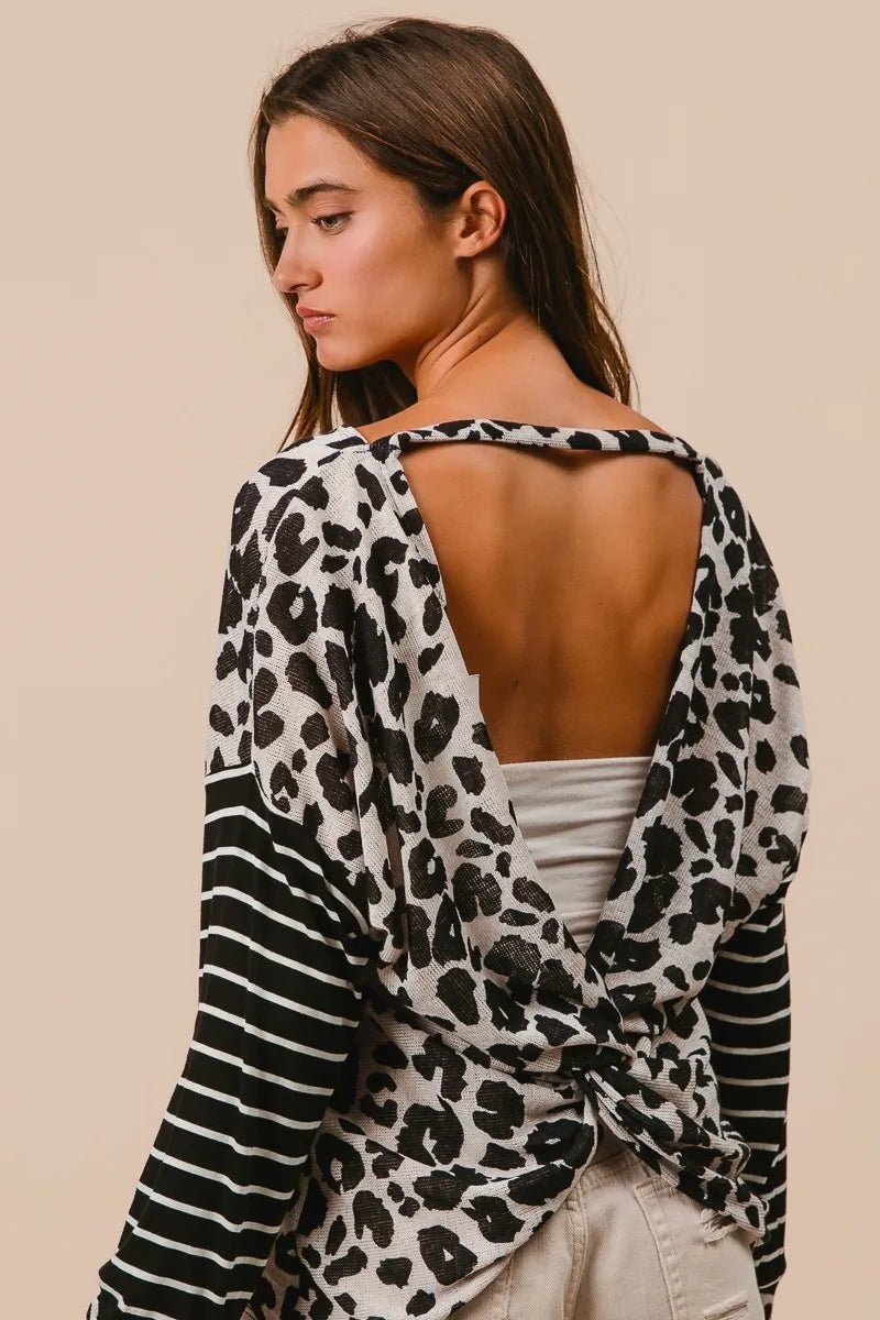 Casual Leopard Print T-Shirt With Striped Sleeves – Cotton