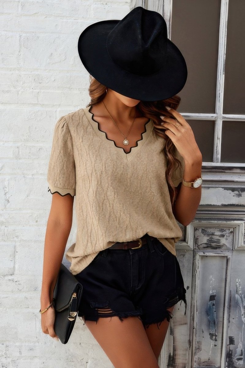 Top knit drop shoulder V neck lightweight casual blouse