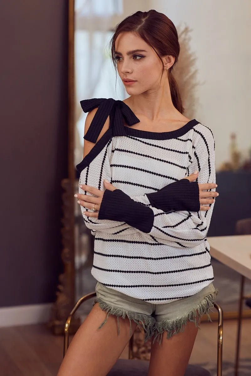 One-Shoulder Waffle Textured Ribbon Top for Everyday Style