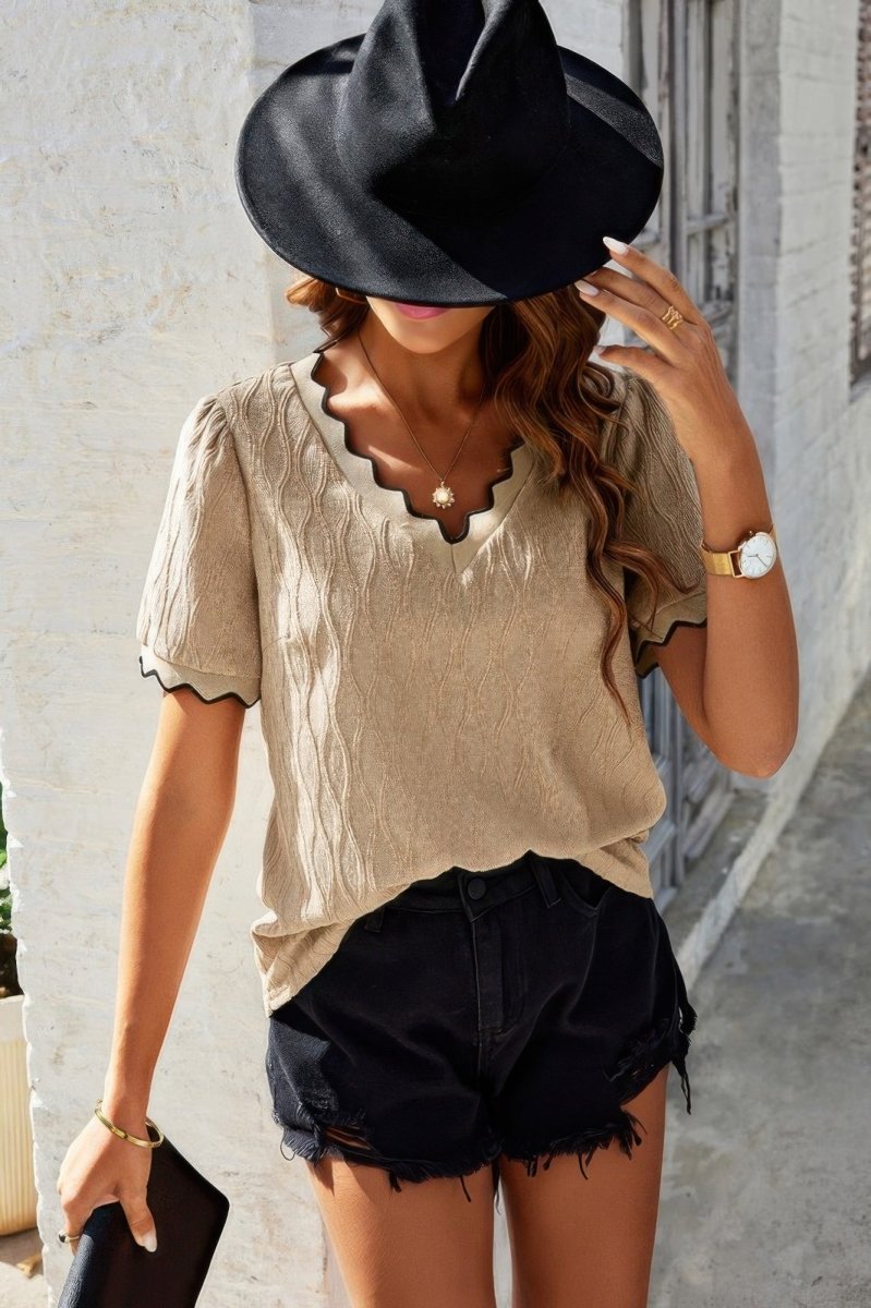 Top knit drop shoulder V neck lightweight casual blouse