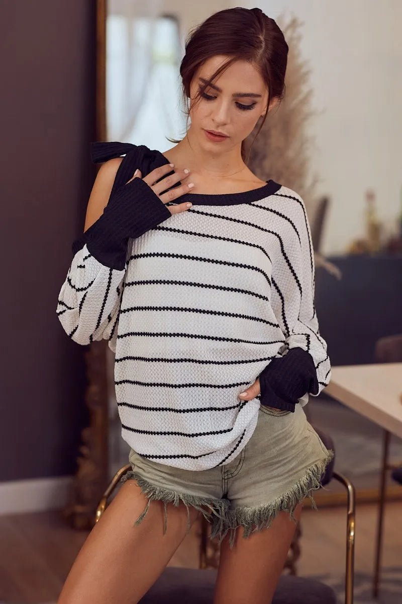 One-Shoulder Waffle Textured Ribbon Top for Everyday Style
