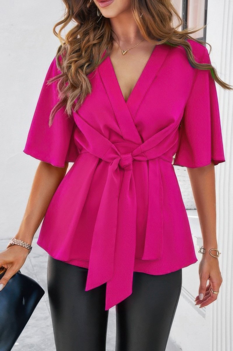 Blouse V-Neck Peplum Tie Front Short Bell Sleeve Shirt