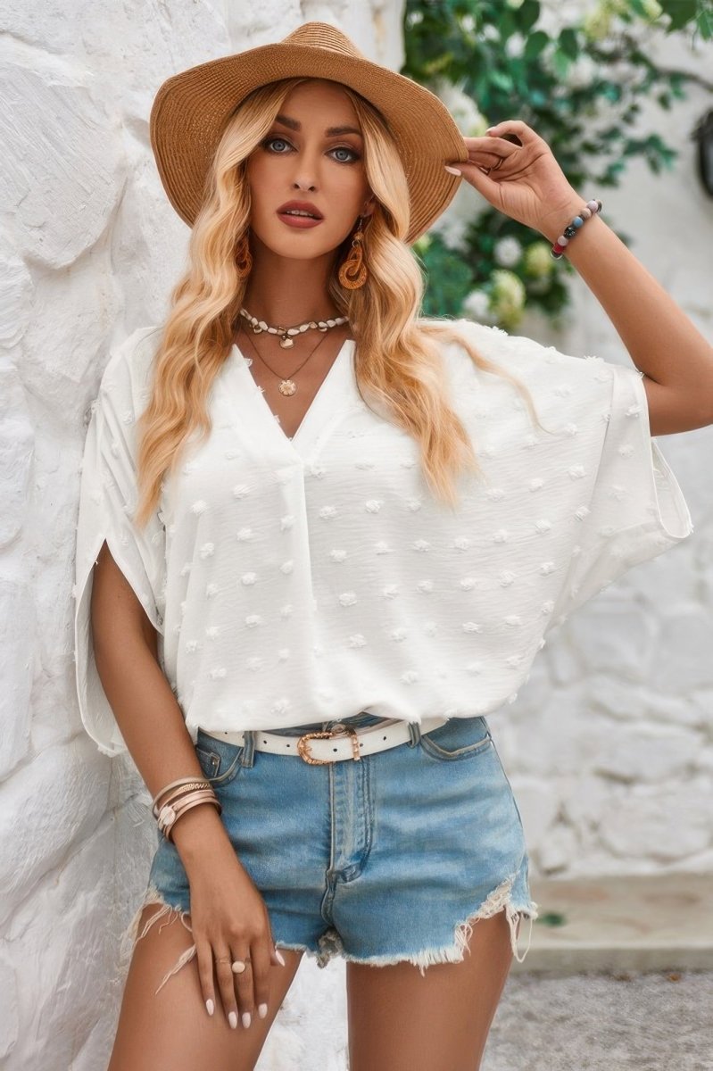 Dressy Casual Blouse Swiss Dot Lightweight Flutter Sleeve