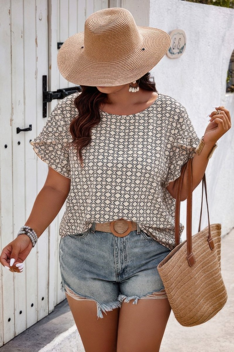 Shirt Printed Loose Fit Ruffle Sleeve Summer Top Plus