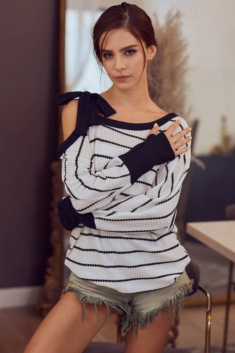 One-Shoulder Waffle Textured Ribbon Top for Everyday Style