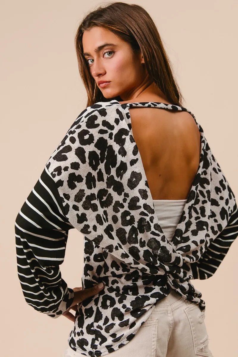 Casual Leopard Print T-Shirt With Striped Sleeves – Cotton