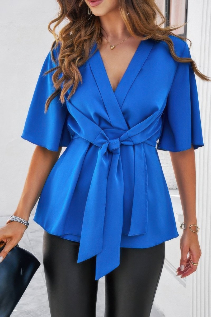 Blouse V-Neck Peplum Tie Front Short Bell Sleeve Shirt