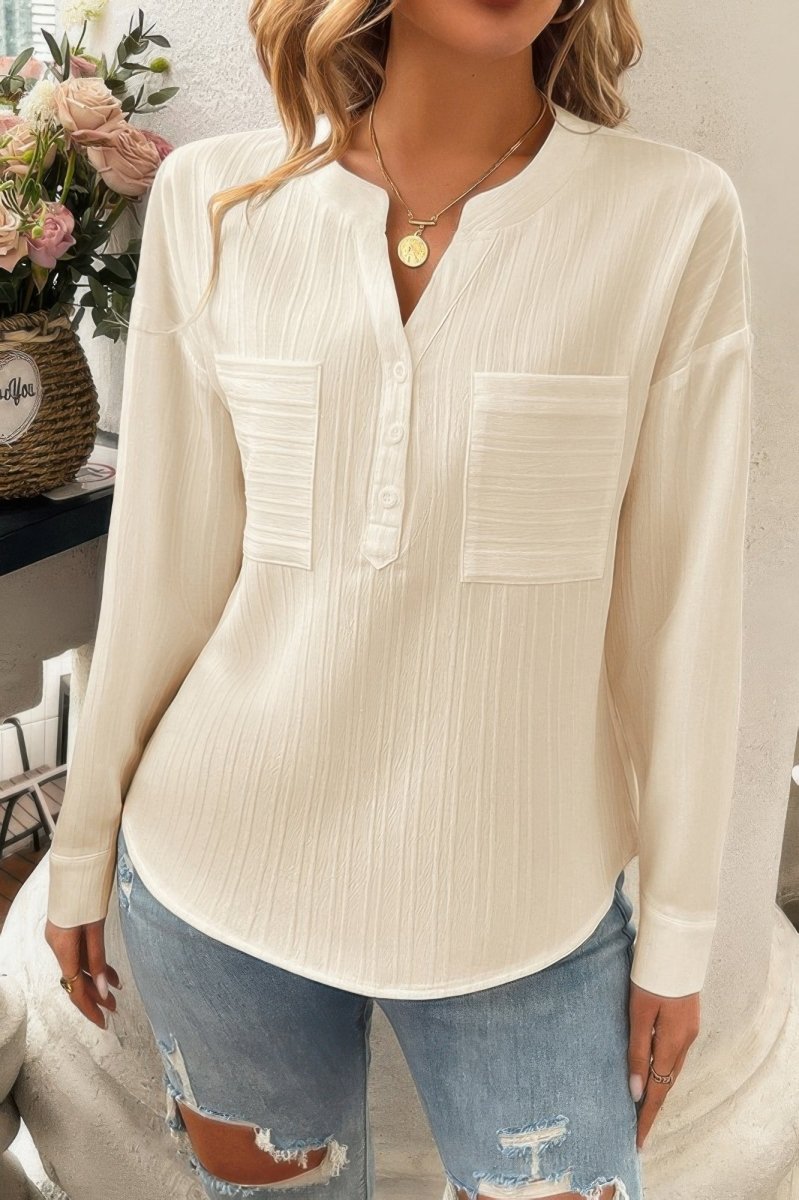 Blouse Drop Shoulder V-Neck Button Lightweight Daily Top