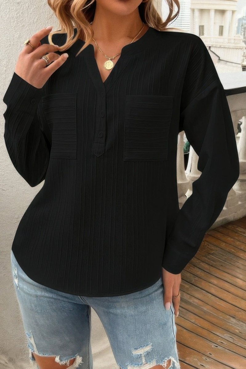 Blouse Drop Shoulder V-Neck Button Lightweight Daily Top