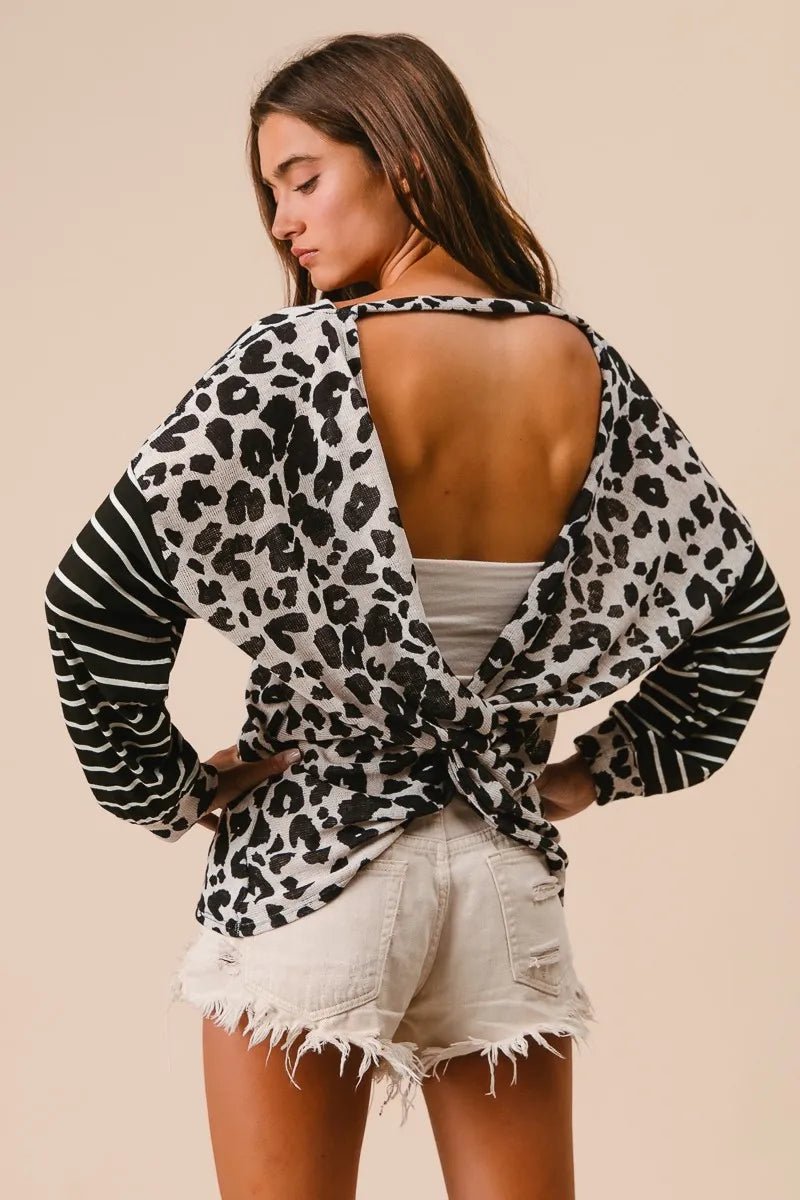 Casual Leopard Print T-Shirt With Striped Sleeves – Cotton