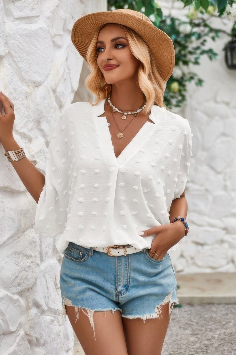 Dressy Casual Blouse Swiss Dot Lightweight Flutter Sleeve