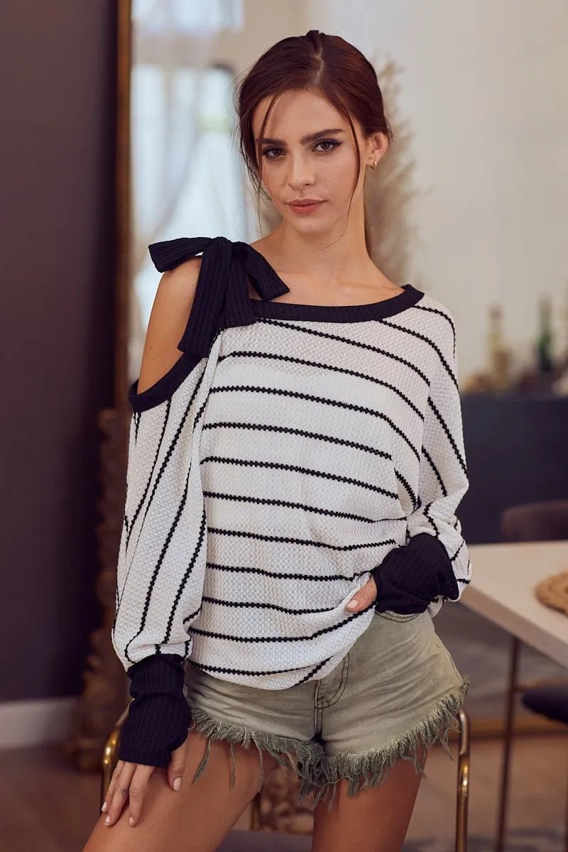 One-Shoulder Waffle Textured Ribbon Top for Everyday Style