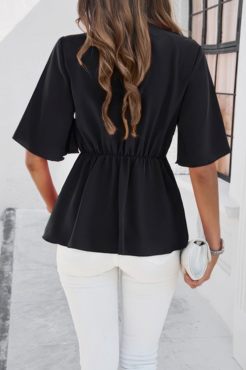 Blouse V-Neck Peplum Tie Front Short Bell Sleeve Shirt