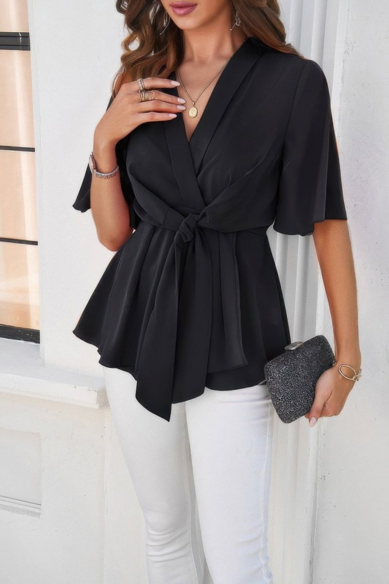 Blouse V-Neck Peplum Tie Front Short Bell Sleeve Shirt