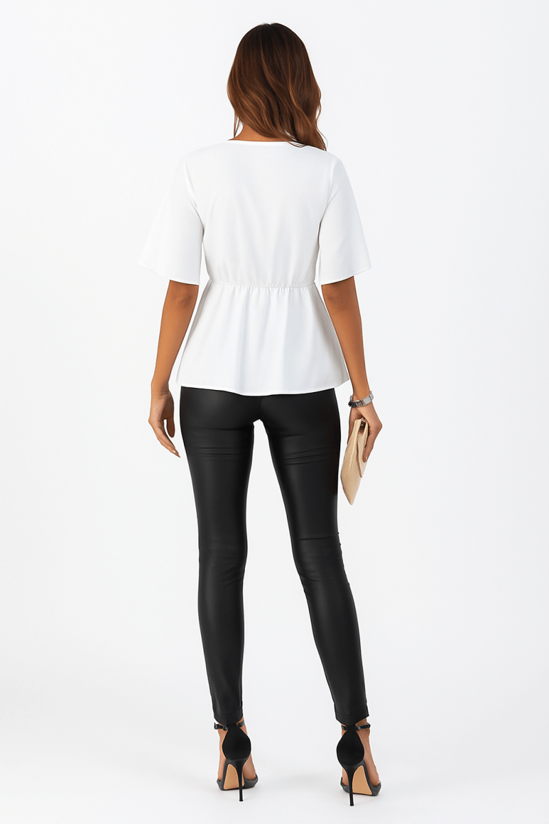 Blouse V-Neck Peplum Tie Front Short Bell Sleeve Shirt