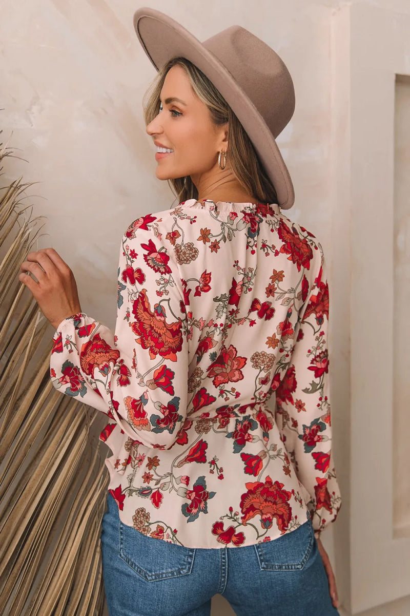 Floral Drawstring Peplum Blouse For Casual Wear