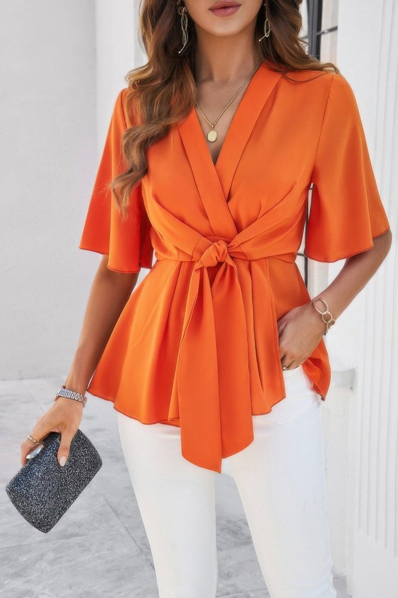 Blouse V-Neck Peplum Tie Front Short Bell Sleeve Shirt