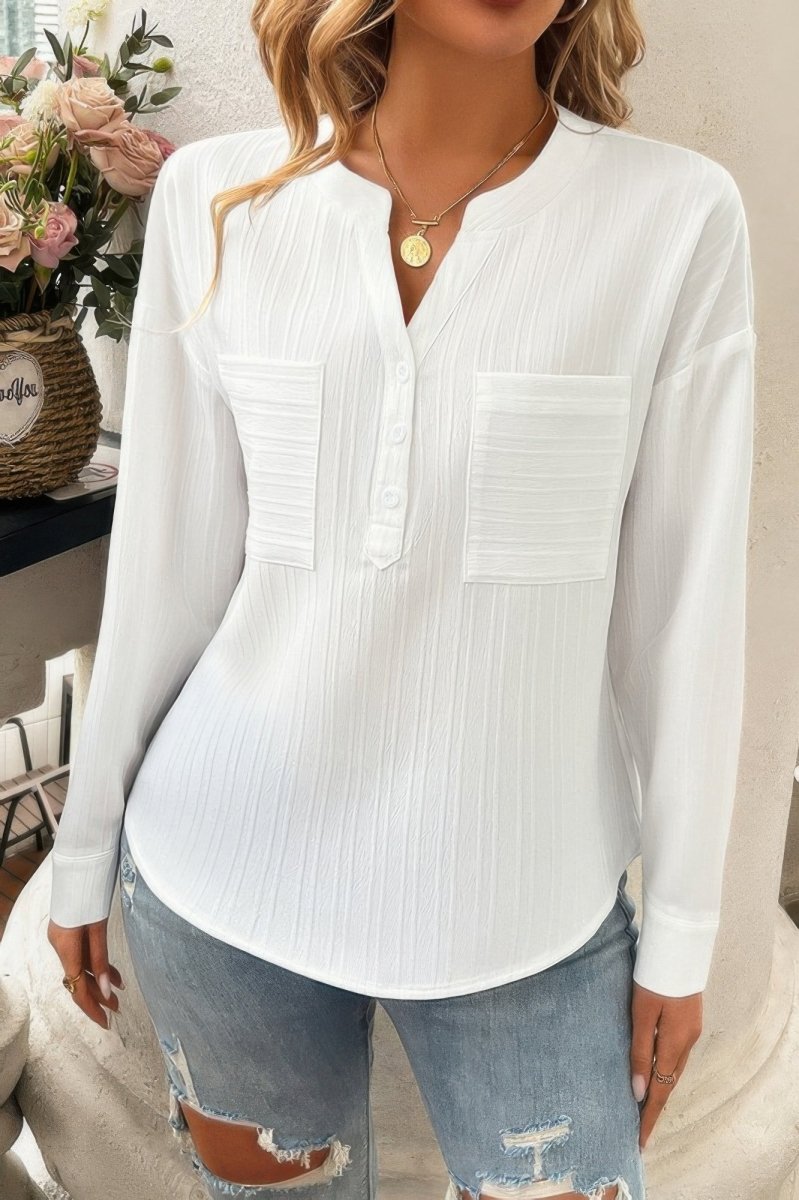 Blouse Drop Shoulder V-Neck Button Lightweight Daily Top