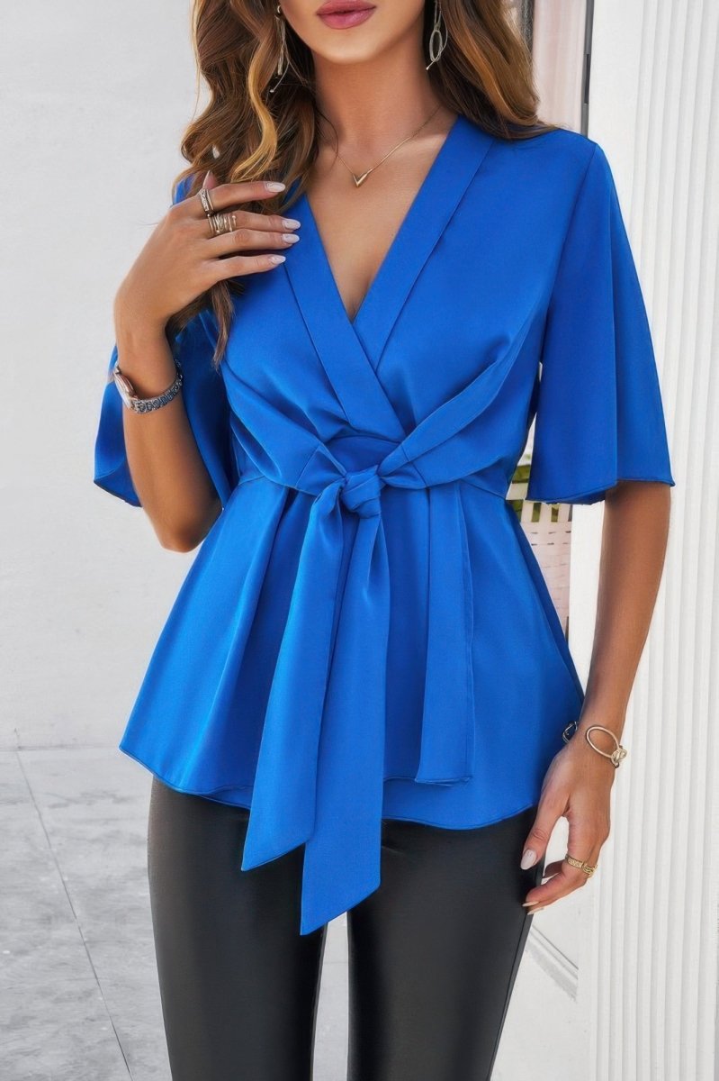 Blouse V-Neck Peplum Tie Front Short Bell Sleeve Shirt