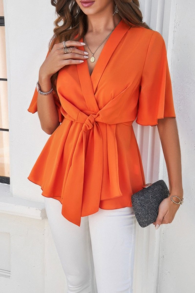 Blouse V-Neck Peplum Tie Front Short Bell Sleeve Shirt