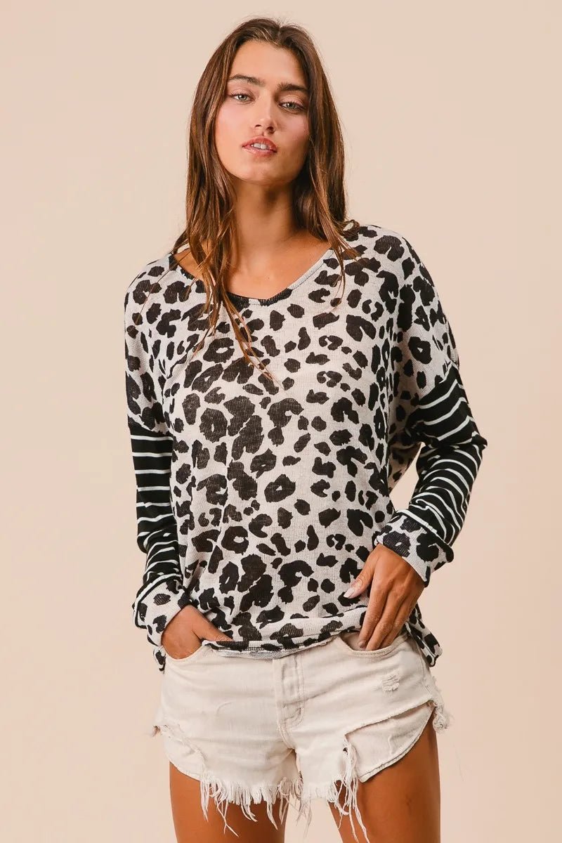 Casual Leopard Print T-Shirt With Striped Sleeves – Cotton
