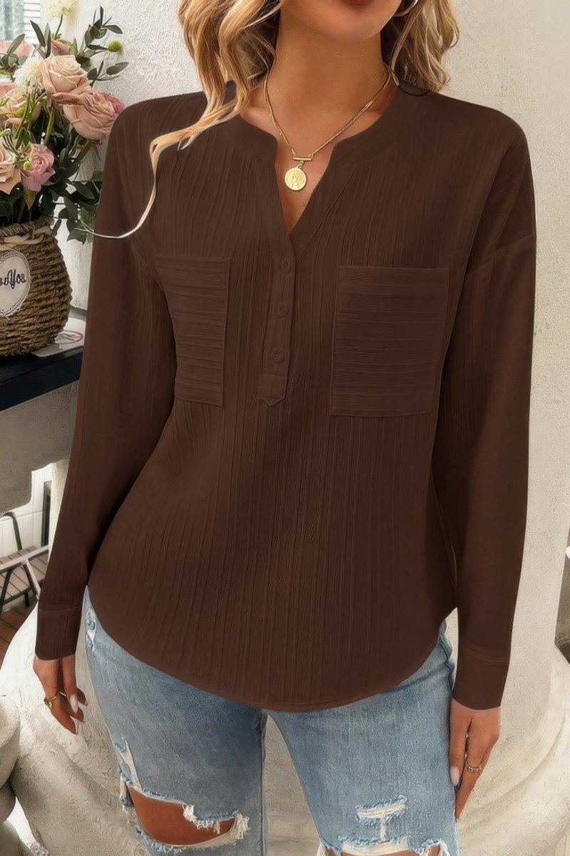 Blouse Drop Shoulder V-Neck Button Lightweight Daily Top