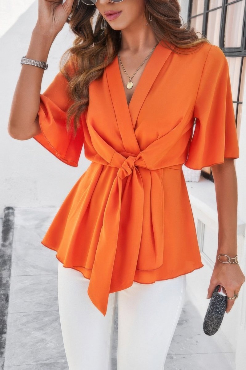 Blouse V-Neck Peplum Tie Front Short Bell Sleeve Shirt