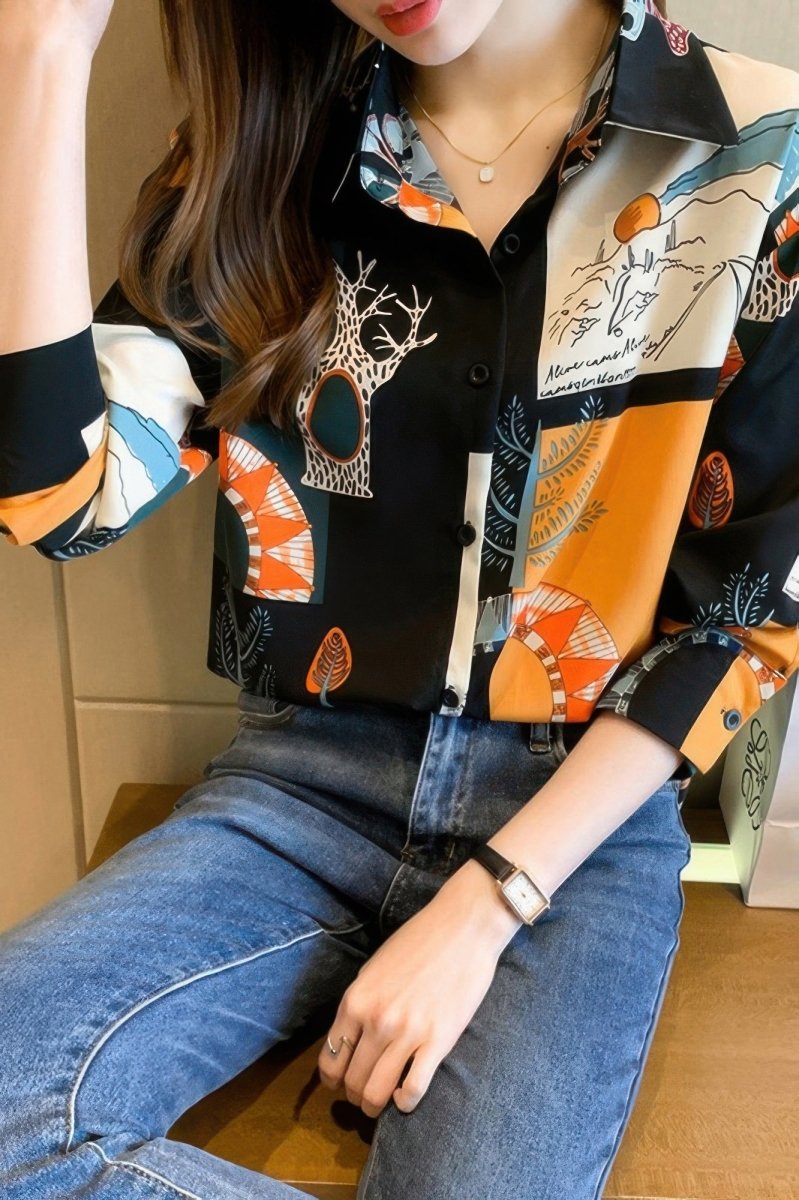 Blouse loose fit chain print drop shoulder summer top