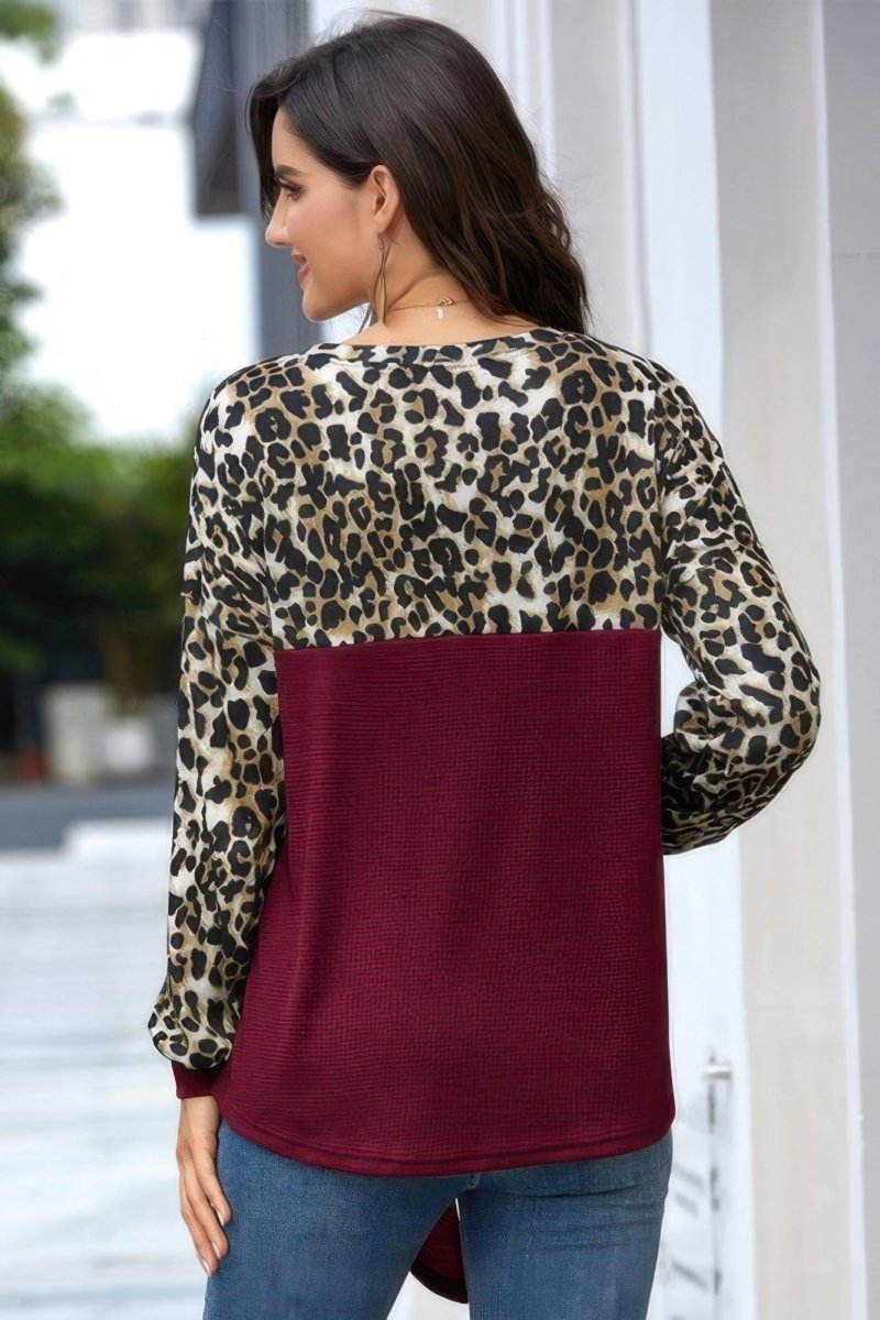 Top Leopard Stitching Knit Loose Pullover With Bow