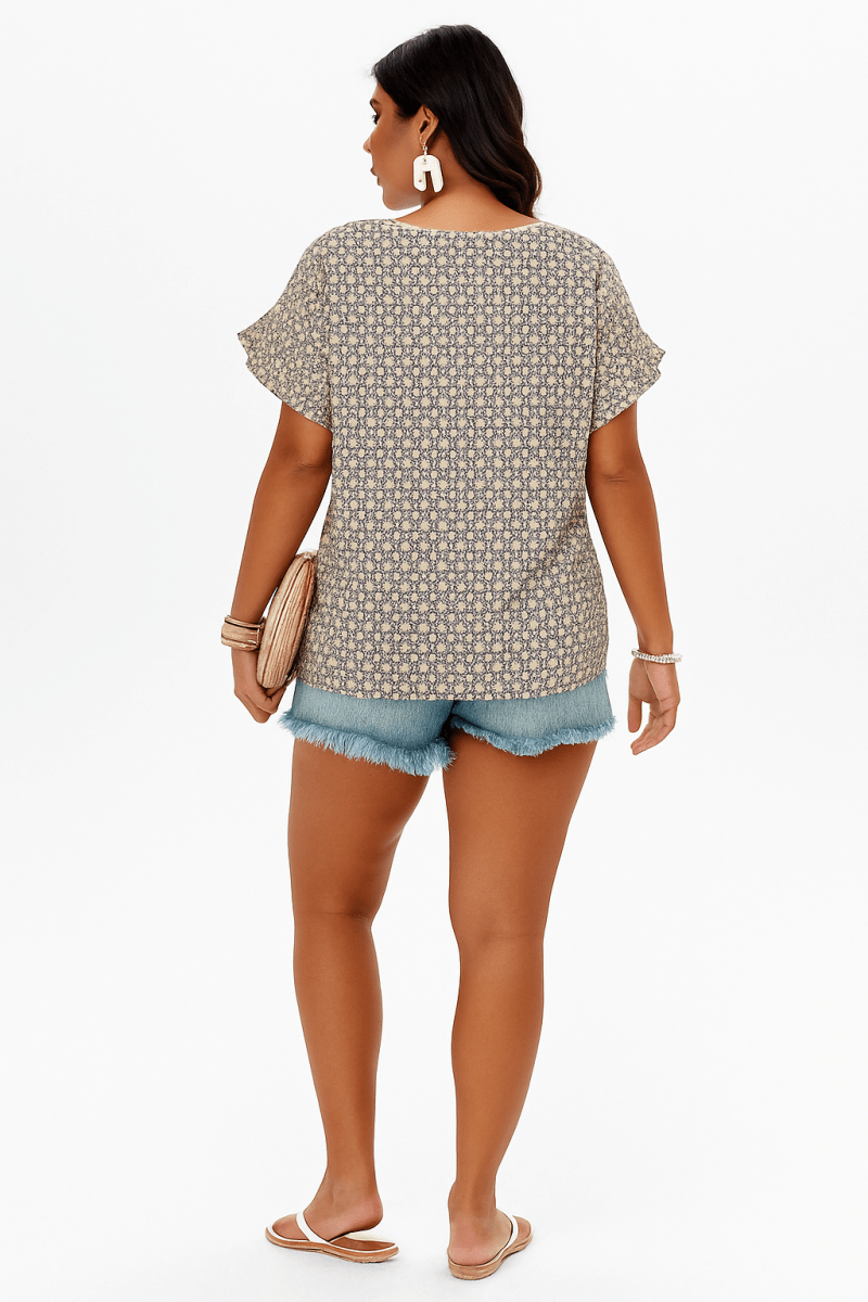Shirt Printed Loose Fit Ruffle Sleeve Summer Top Plus